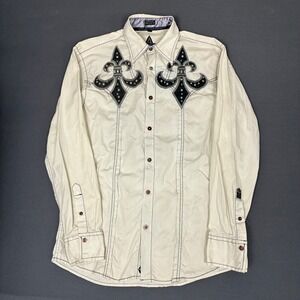 Roar Men's White Western Cross Embroidered Button Down Long Sleeve Shirt Small